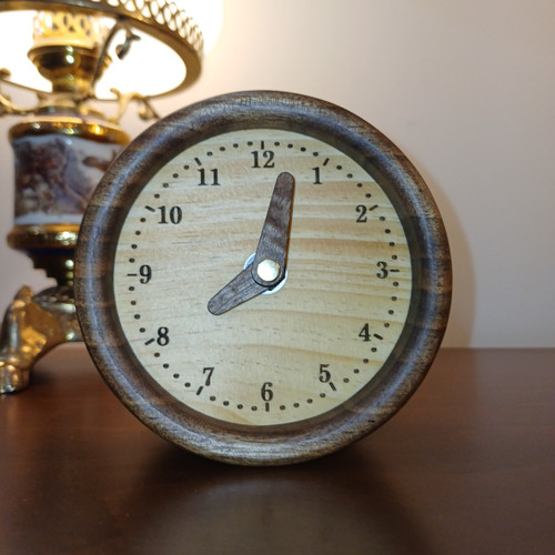 Circle wooden table clock made from natural walnut wood