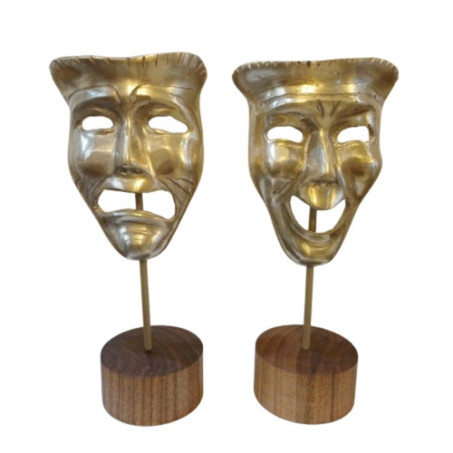 Laugh and cry theatrical mask sculpture in polished aluminum with wooden base – Rad / decor art