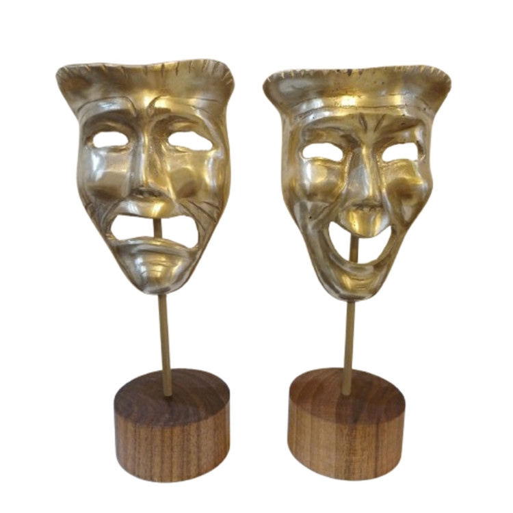 Laugh and cry theatrical mask sculpture in polished aluminum with wooden base – Rad / decor art
