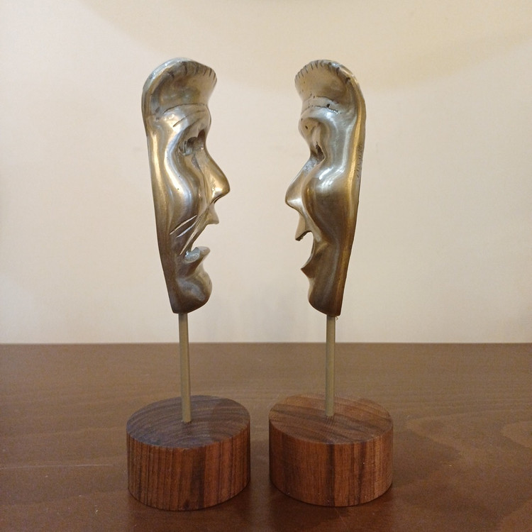 Polished aluminum laughing theatrical mask with wooden base – decorative art piece for home