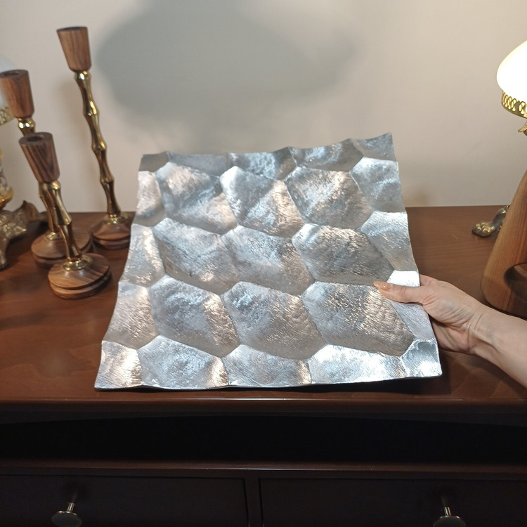 Polished aluminum fruit and pastry serving tray with modern honeycomb pattern