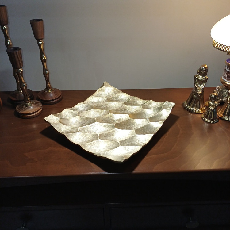 Polished aluminum fruit and pastry serving tray with modern honeycomb pattern
