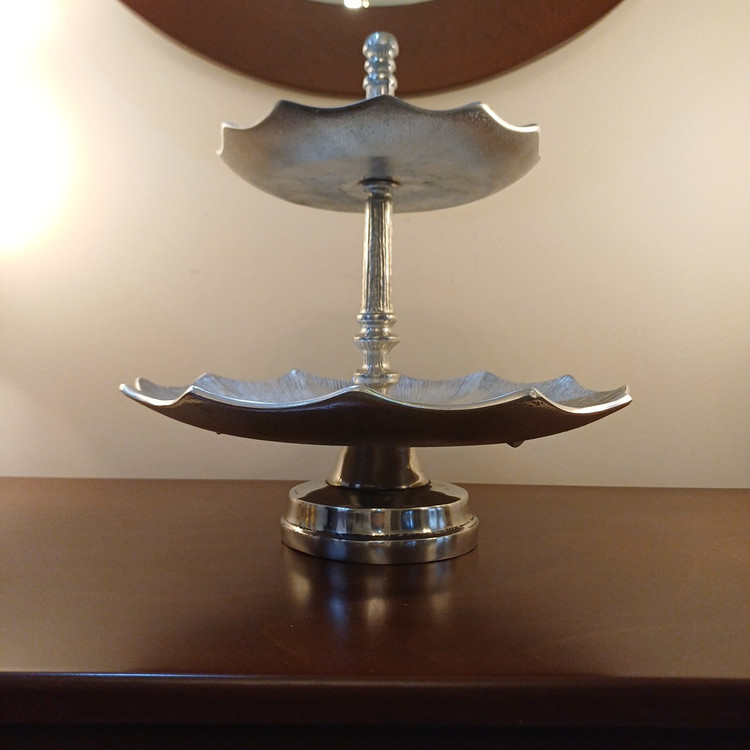Stylish aluminum luxury serving tray with two levels, base stand, and linear pattern for premium entertaining.