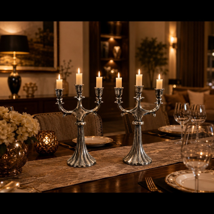 Elegant Selene 3-candle aluminum holder with lit candles for home decor lighting