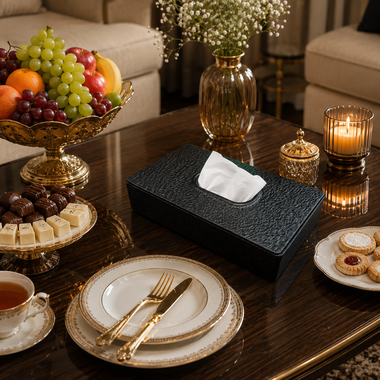 Luxury hammered aluminum tissue box cover on a modern console table