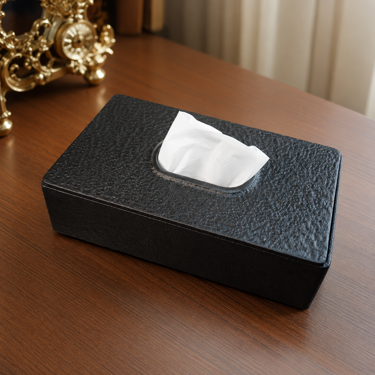 Front view of a luxury hammered aluminum tissue box holder with elegant metallic finish