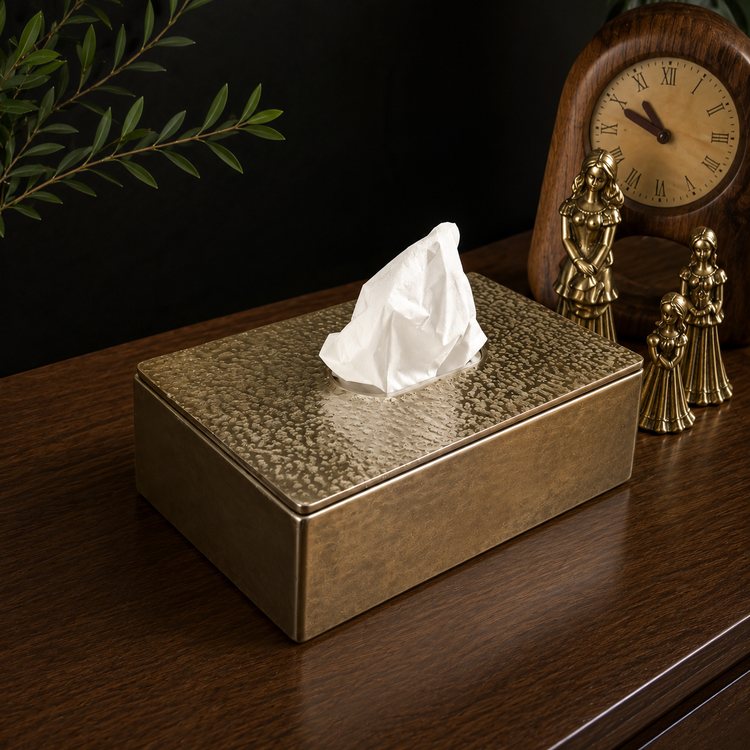 45-degree angle of a modern hammered aluminum tissue box cover for home decor