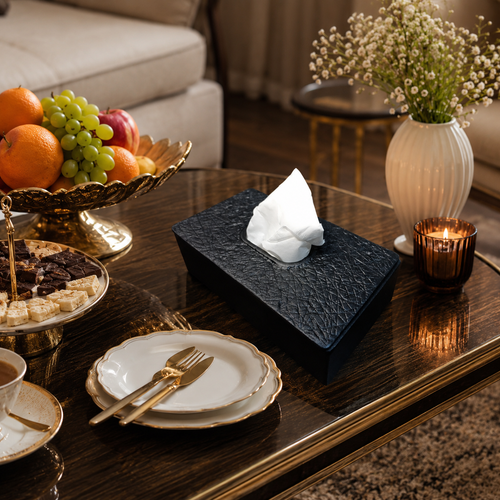 Luxury liner aluminum tissue box cover on a modern console table