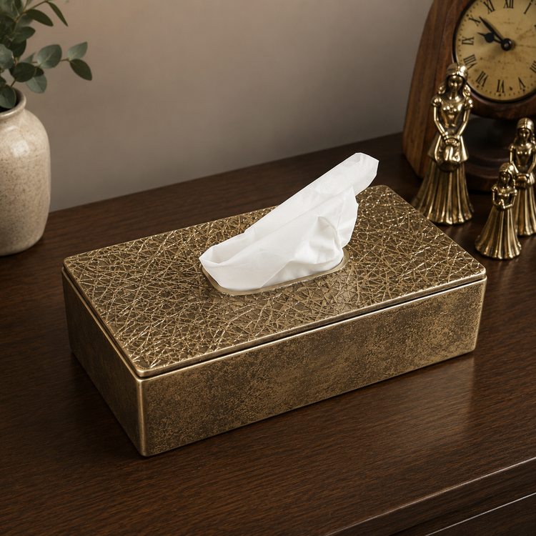 Front view of a luxury liner aluminum tissue box holder with elegant metallic finish