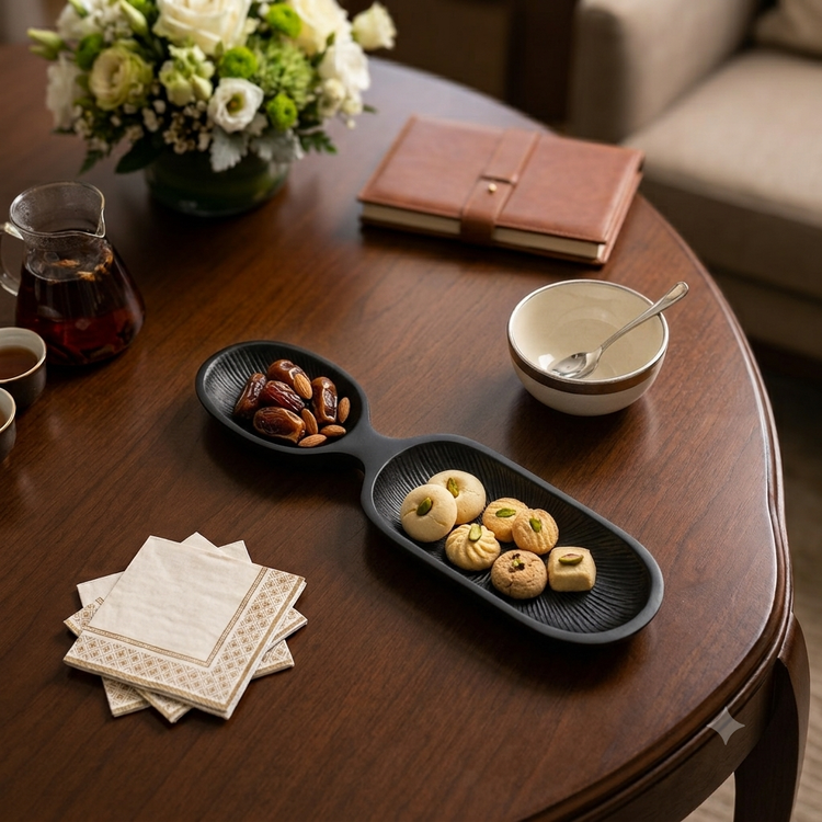 Luxury two-section aluminum serving dish with minimalist liner texture