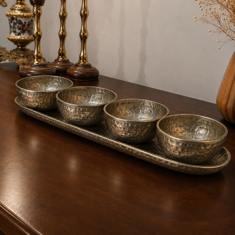 اردو خوری ۴ پیاله آلومینیومی مدل چکشی (ظرف پذیرایی لوکس)