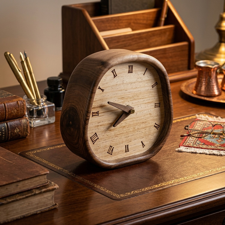 Decorative Pear-shaped wooden table clock made of walnut