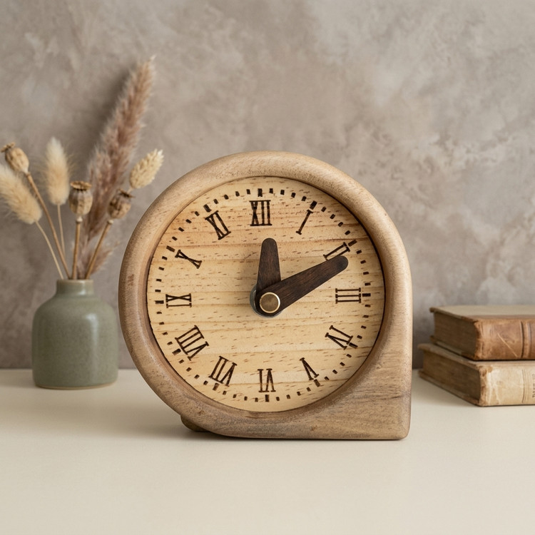 Nostalž asymmetrical wooden table clock with Roman numerals