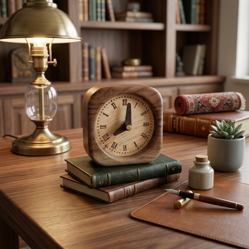 terra walnut wood table clock with Roman numerals