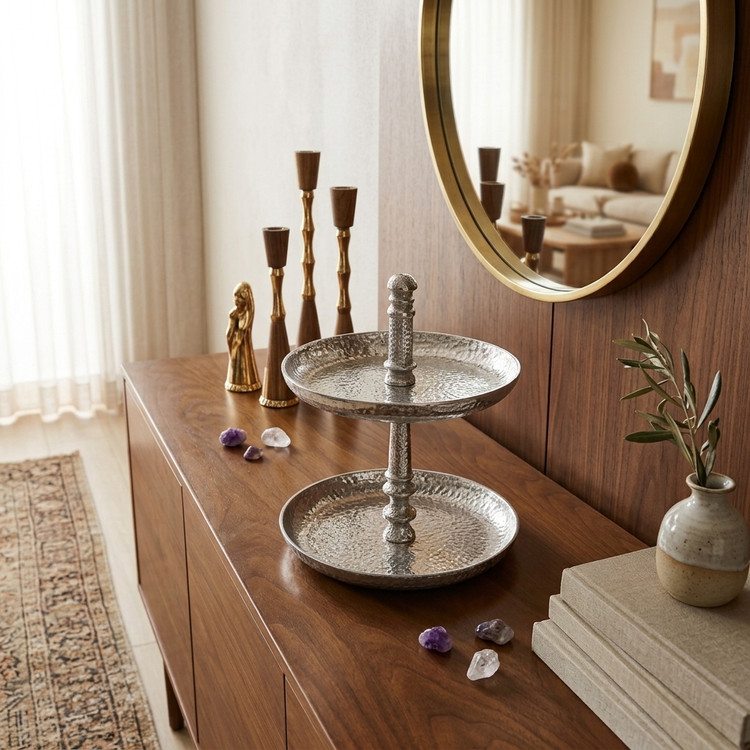 Minimalist two-tier aluminum serving dish with hammered texture