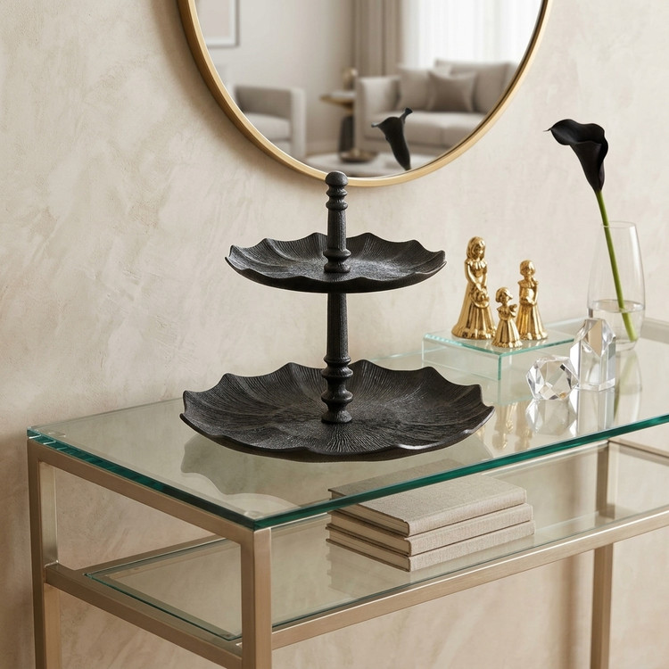 Modern two-tier aluminum serving stand for entertaining