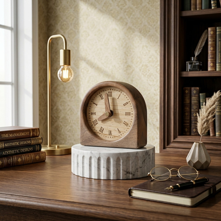 Classic walnut wood table clock with natural grain