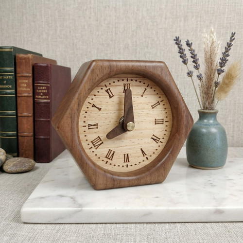 Hexa decorative walnut wood table clock with hexagonal design