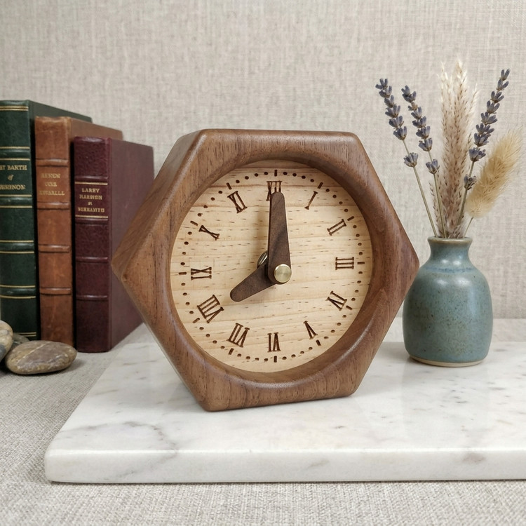 Hexa decorative walnut wood table clock with hexagonal design